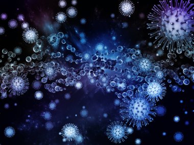 Coronavirus Evreni. Viral Salgın Serisi. Virüs, salgın, enfeksiyon, hastalık ve sağlık konularında 3 boyutlu Coronavirus parçacıkları ve mikro uzay elementleri