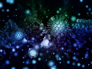 Coronavirus Mantığı. Viral Salgın Serisi. Virüs, salgın, enfeksiyon, hastalık ve sağlık konuları için 3D Coronavirus parçacıkları ve mikro uzay elementleri