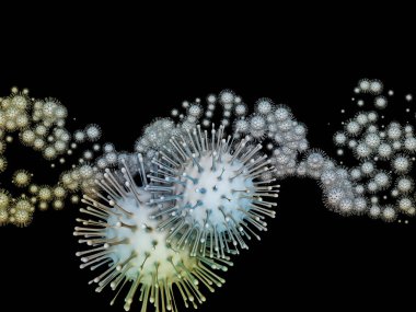 Virüs Mantığı. Viral Salgın Serisi. Coronavirus parçacıkları ve virüs, salgın, enfeksiyon, hastalık ve sağlıkla ilgili mikro uzay elementlerinin 3D Illustration 'ı