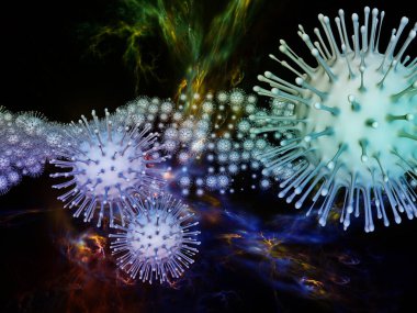 Coronavirus Kimya. Viral Salgın Serisi. Coronavirus parçacıkları ve mikro uzay elementlerinin virüs, salgın, enfeksiyon, hastalık ve sağlık projeleri için uygun 3D Illustration