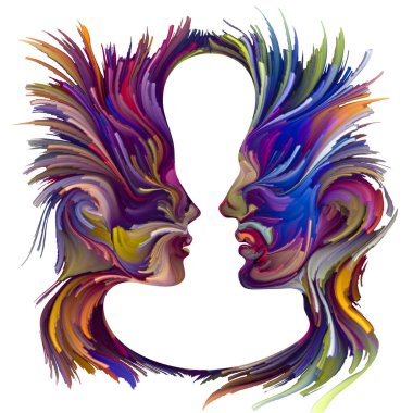 Duygusal Palet serisi. Aramızda mesafe var. Hayal gücü, yaratıcılık ve iç dünya konularında kadın ve erkek siluetlerinin canlı renklerinin soyut tablosu.