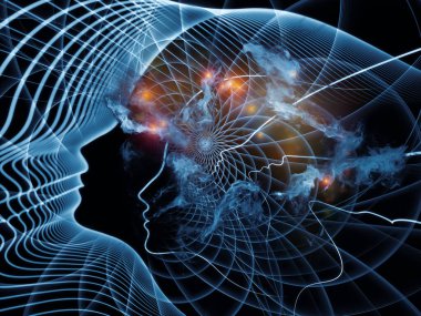 İnsan Geometri serisi. Psikoloji, eğitim, bilim ve zihnin doğası konularındaki insan siluetinin ve geometrik ızgaraların etkileşimi.