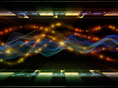 Uzay Sinyali. Sanal Dalga serisi. Veri transferi teması üzerine yatay sinüs dalgaları ve ışık parçacıklarının düzenlenmesi, sanal, yapay, matematiksel gerçeklik.