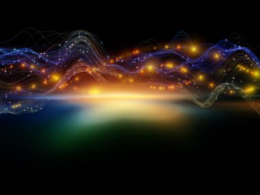 Sanal gerçeklik. Sanal Dalga serisi. Veri transferi, sanal, yapay, matematiksel gerçeklik tasarımlarını tamamlamak için yatay sinüs dalgaları ve ışık parçacıklarının arkaplanı.