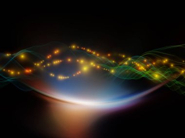 Uzayda veri. Sanal Dalga serisi. Veri transferi için uygun yatay sinüs dalgaları ve ışık parçacıklarının soyut bileşimi, sanal, yapay, matematiksel gerçeklik.