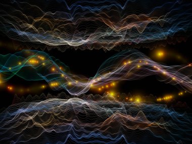 Uzay Mantığı. Sanal Dalga serisi. Veri transferi, sanal, yapay, matematiksel gerçeklik üzerine çalışmalar için yatay sinüs dalgaları ve ışık parçacıklarının görsel olarak memnun edici bileşimi.