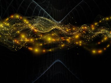 Uzay Geometrisi. Sanal Dalga serisi. Veri transferi, sanal, yapay, matematiksel gerçeklik için yatay sinüs dalgaları ve ışık parçacıklarının arkaplan tasarımı.