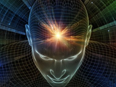 Parlak Düşünce. Bilinçli Zihin serisi. Yapay zeka, insan bilinci ve manevi yapay zeka için 3 boyutlu parlayan tel örgü insan yüzü bileşimi