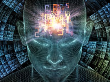 Parlak Düşünce. Bilinçli Zihin serisi. Parlayan kablonun 3 boyutlu görüntülenmesi yapay zeka, insan bilinci ve manevi yapay zeka ile ilişkili insan yüzü.