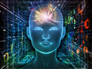 Parlak Düşünce. Bilinçli Zihin serisi. Yapay zeka, insan bilinci ve manevi yapay zeka için 3 boyutlu parlayan tel örgü insan yüzü bileşimi