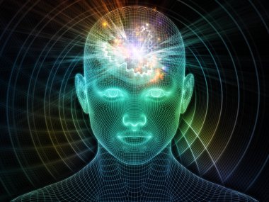 Aydınlanmış düşünce. Bilinçli Zihin serisi. Yapay zeka, insan bilinci ve ruhani yapay zeka için üç boyutlu parlayan tel örgü insan yüzüyle ilgili soyut tasarım.