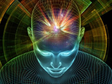 Dijital boşluk. Bilinçli Zihin serisi. Yapay zeka, insan bilinci ve ruhani yapay zekanın metaforu olarak parlayan tel örgü insan yüzünün üç boyutlu bir tasarımı.