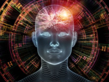 Dijital boşluk. Bilinçli Zihin serisi. Yapay zeka, insan bilinci ve ruhani yapay zekanın metaforu olarak parlayan tel örgü insan yüzünün üç boyutlu bir tasarımı.