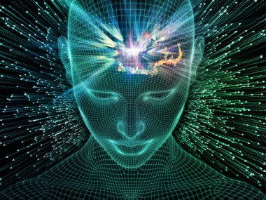 Sanal gerçeklik. Bilinçli Zihin serisi. Yapay zeka, insan bilinci ve manevi yapay zeka ile ilişkili olarak parlayan tel örgü insan yüzünün 3 boyutlu görüntülenmesi.