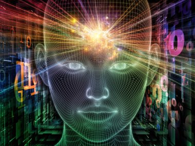 Parlak Rüyalar. Bilinçli Zihin serisi. Yapay zeka, insan bilinci ve ruhsal yapay zeka konularında 3 boyutlu parlayan tel insan yüzünü soyutlaması