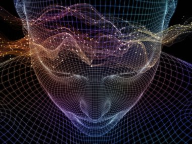 İç Işık. Bilinçli Zihin serisi. Yapay zeka, insan bilinci ve ruhani yapay zeka projeleri için 3 boyutlu parlayan tel örgü insan yüzü oluşturma arkaplanı