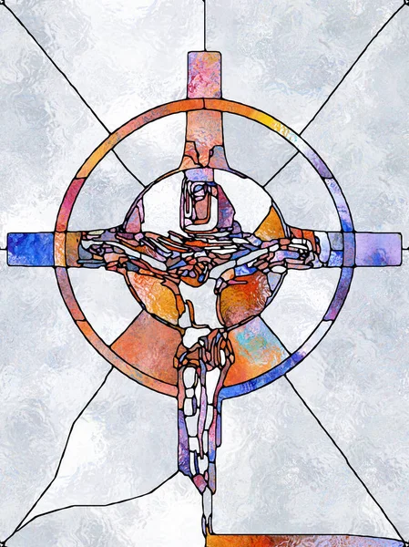 信仰的碎片 玻璃杯系列交叉系列 基督与自然钉十字架分裂统一工程中有机教会窗彩图案的背景色 — 图库照片