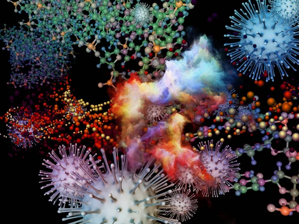 Rendering Multipla Coronavirus Viruspartiklar Och Tredimensionella Abstrakta Element Ämnet Interaktion — Stockfoto