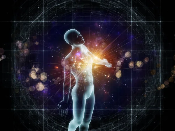 Light Series Rendering Human Figure Radiating Light Fractal Elements Subject — Stock Photo, Image