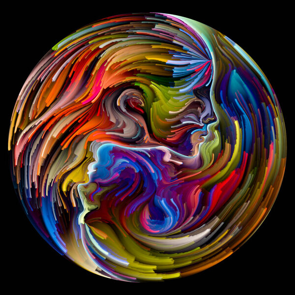 "Soul Mates". Нечеткие мужские, женские черты лица соединились в символ формы инь-янь с мазками цифровой краски. Иллюстрация на тему любви, романтики, искусства и сил в природе.