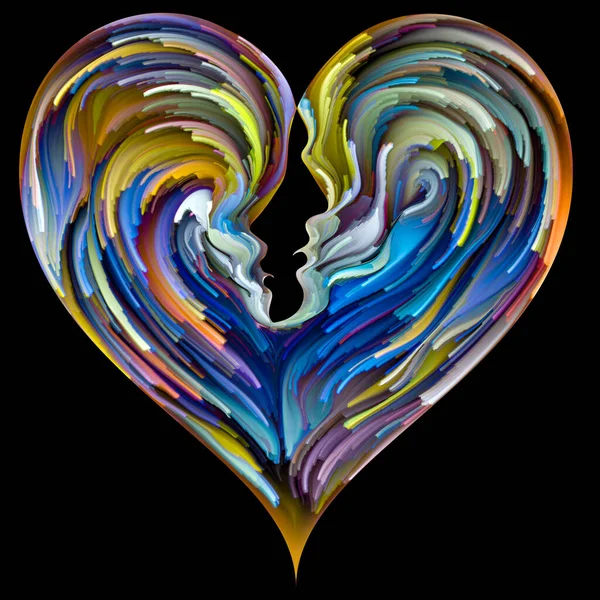 Soul Mates series. Male and female face silhouettes integrated into heart shape symbol with brushstrokes of digital paint. Illustration on subject of love, romance,  marriage and family.
