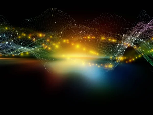 バーチャル ユニバース 仮想波シリーズ データ転送 数学的現実に関する研究のための水平正弦波と光粒子の背景設計 — ストック写真