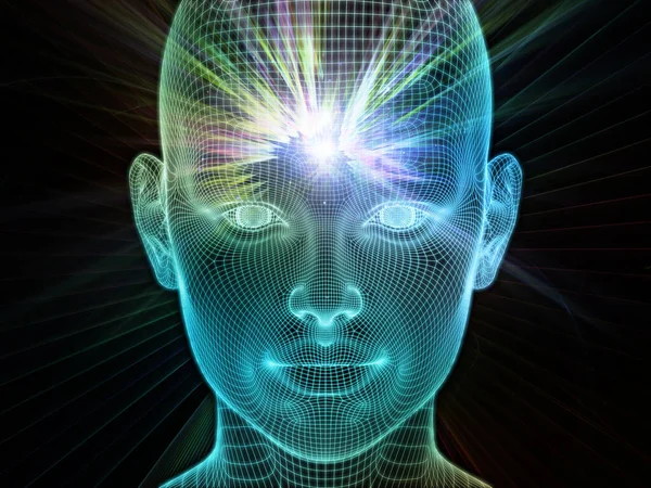 Radiant Thought. Lucid Mind series. Composition of 3D rendering of glowing wire mesh human face for subject of artificial intelligence, human consciousness and spiritual AI