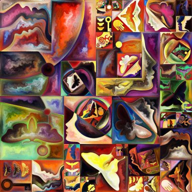 Çıkış Formu. Gizli şifre serisi. İnsan siluetlerinden, sanat dokularından ve renklerden oluşan soyut bir arka plan iç hayat, drama, şiir ve algı teması üzerine etkileşim kurar