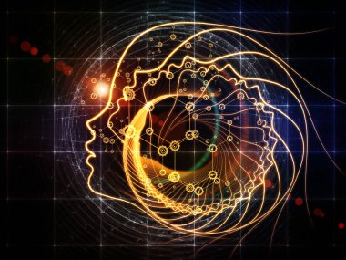 Zihin Bilimleri serisinden. İnsan siluetinden yapılmış spiral yüz çizgisi ve bilinç, akıl, yapay zeka ve teknoloji konularındaki soyut elementlerden yapılmış.