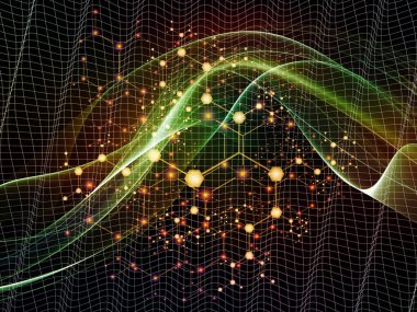 Moleküler yapı serisi. Soyut arkaplan üzerindeki soyut atomların bilim ve teknoloji konularındaki kristal ağa etkileşimi.