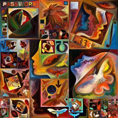 Tao Geometri. Gizli şifre serisi. İç hayat, drama, şiir ve algı ile kavramsal ilişkili insan siluetleri, sanat dokuları ve renkleri görüntüsü