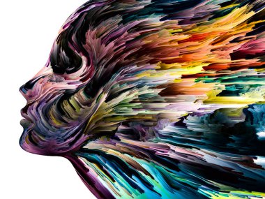 Rahatsız edici Düşünceler serisi. İnsan yüzü siluetinin içinde hareket halindeki kalın boya. İç dünya, zihin, psikoloji, depresyon, anksiyete, zihinsel hastalık, yaratıcılık ve soyut sanat konularındaki sanat çalışmaları.