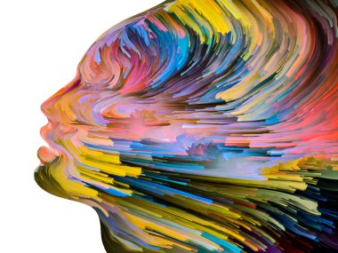 Rahatsız edici Düşünceler serisi. İnsan yüzü siluetinin içinde hareket halindeki koyu renk boya. İç dünya, zihin, psikoloji, depresyon, anksiyete, zihinsel hastalık, yaratıcılık ve soyut sanat konularındaki sanat çalışmaları.