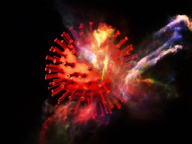 Kırmızı Coronavirus virüsü parçacığı ve üç boyutlu soyut elementlerin viral cisimler ve mikro ortam veya bağışıklık sistemi ile etkileşimi üzerine 3 boyutlu yorumlanması