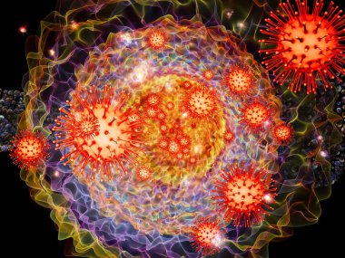 Viral seri. Kırmızı koronavirüs parçacıkları soyut mikroskobik çevreyle etkileşim halindedir. Covid-19, salgın, bilim, tıp ve araştırma konularında 3D Görüntü.
