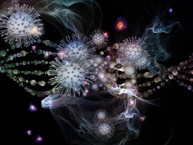 Coronavirus, enfeksiyon, salgın hastalık, biyoloji ve sağlık hizmetleri konularındaki viral parçacıkların ve soyut hücresel elementlerin 3 boyutlu etkileşimi