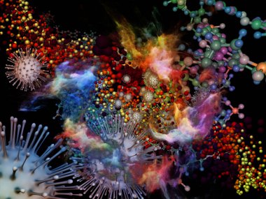 Üç boyutlu Coronavirus virüs parçacığı ve üç boyutlu soyut moleküler elementlerin viral cisimler ve mikro çevre veya bağışıklık sistemi etkileşimi üzerine oluşturulması