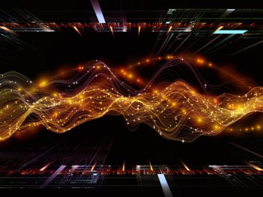 Uzayda aktarım. Sanal Dalga serisi. Veri transferiyle kavramsal ilişkili yatay sinüs dalgaları ve ışık parçacıklarının görüntüsü, sanal, yapay, matematiksel gerçeklik.