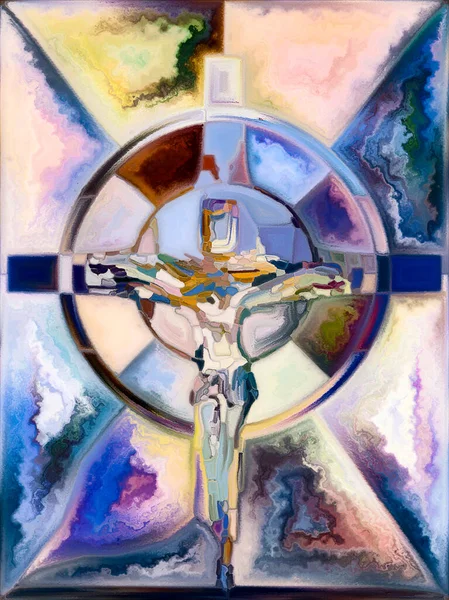 信仰心の強さ ステンドグラスシリーズのクロス キリストと自然の十字架刑の断片化された団結に関するプロジェクトのための有機的な教会の窓の色パターンで構成された背景 — ストック写真