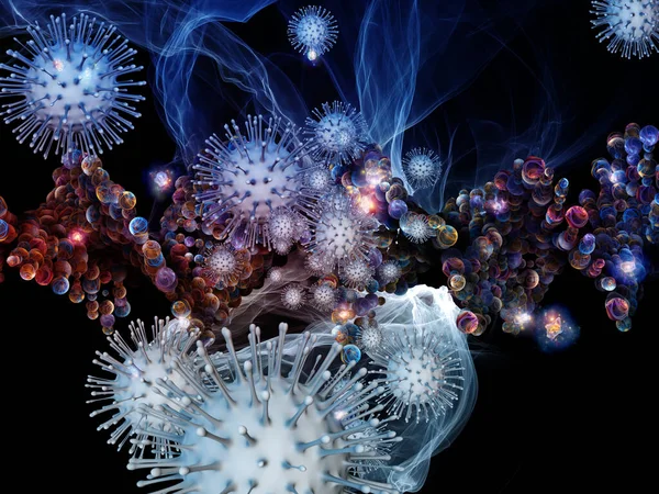 Representación Interacción Partículas Virales Elementos Microscópicos Abstractos Sobre Tema Coronavirus — Foto de Stock