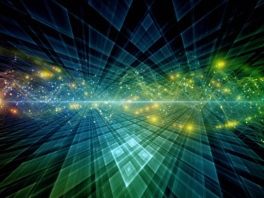 Uzayda veri. Sanal Dalga serisi. Veri transferi, sanal, yapay, matematiksel gerçeklik konularındaki yatay sinüs dalgaları ve ışık parçacıklarından oluşan tasarım.