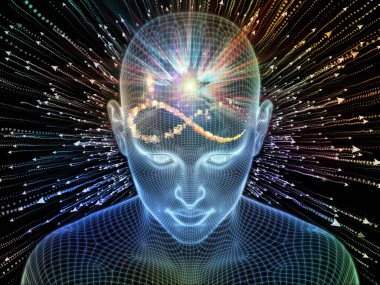 Parlak Düşünce. Bilinçli Zihin serisi. Parlayan kabloyu üç boyutlu şekilde birleştirmek insan yüzünü yapay zeka, insan bilinci ve ruhani yapay zeka temasına bağlar.