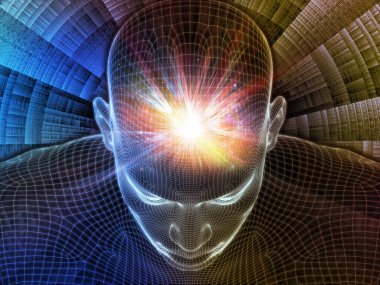 Parlak Rüyalar. Bilinçli Zihin serisi. Yapay zeka, insan bilinci ve ruhani yapay zeka üzerine parlayan tellerin 3 boyutlu tasarımı insan yüzünü örüyor.
