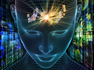 Dijital Düşünceler. Bilinçli Zihin serisi. Parlayan kablonun 3 boyutlu görüntülenmesi yapay zeka, insan bilinci ve ruhani yapay zeka projelerinde kullanılmak üzere insan yüzünü örgüler.