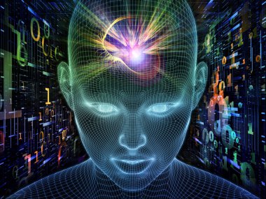 Dijital Düşünceler. Bilinçli Zihin serisi. Parlayan kablonun 3 boyutlu görüntülenmesi yapay zeka, insan bilinci ve ruhani yapay zeka projelerinde kullanılmak üzere insan yüzünü örgüler.