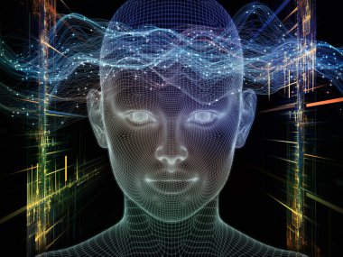 Parlak Rüyalar. Bilinçli Zihin serisi. Yapay zeka, insan bilinci ve ruhsal yapay zeka konularında 3 boyutlu parlayan tel insan yüzünü soyutlaması