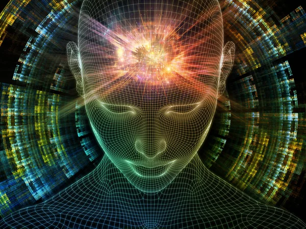 漫漫的梦 清醒的头脑系列 基于人工智能 人类意识和精神人工智能的发光金属丝网人脸三维渲染艺术抽象 — 图库照片