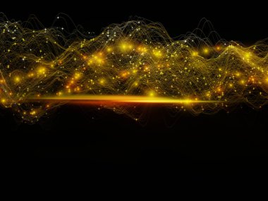 Sanal Evren. Sanal Dalga serisi. Veri transferi, sanal, yapay, matematiksel gerçeklik üzerine çalışmalar için yatay sinüs dalgaları ve ışık parçacıklarının arkaplan tasarımı.