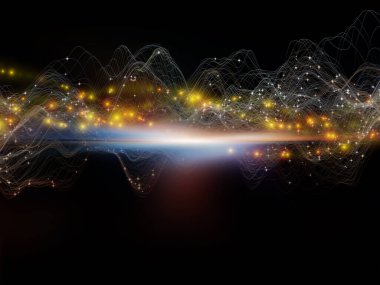 Sanal gerçeklik. Sanal Dalga serisi. Veri transferi, sanal, yapay, matematiksel gerçeklik tasarımlarını tamamlamak için yatay sinüs dalgaları ve ışık parçacıklarının arkaplanı.