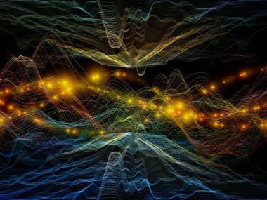 Uzayda aktarım. Sanal Dalga serisi. Veri transferi, sanal, yapay, matematiksel gerçeklik için yatay sinüs dalgaları ve ışık parçacıklarının yaratıcı düzenlenmesi.